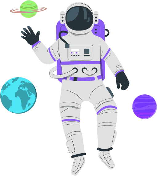 Astronaut floating in space with planets